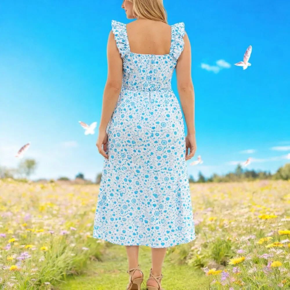 Draper James XL Maxi Sun Dress Ruffled White Blue Flounce Hem Beach Summer EUC